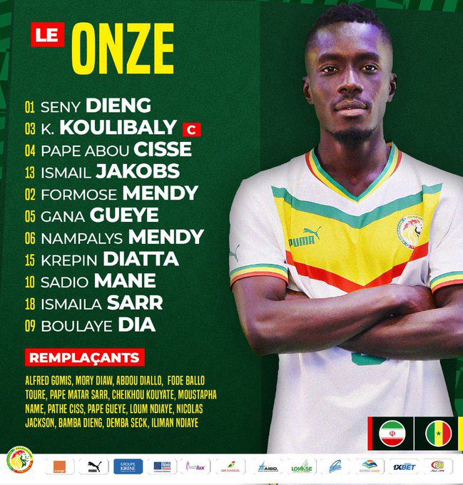 Sénégal vs Iran : La composition des Lions avec Sény Dieng, Pape Abou Cissé, Namphalys, Formose Mendy et Ismail Jacobs dans le Onze de départ