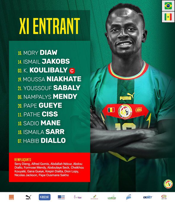 Le onze de départ des lions du Sénégal contre le Brésil avec Moussa Niakhaté, Mory Diaw, Gana et Abdou Diallo sur le banc
